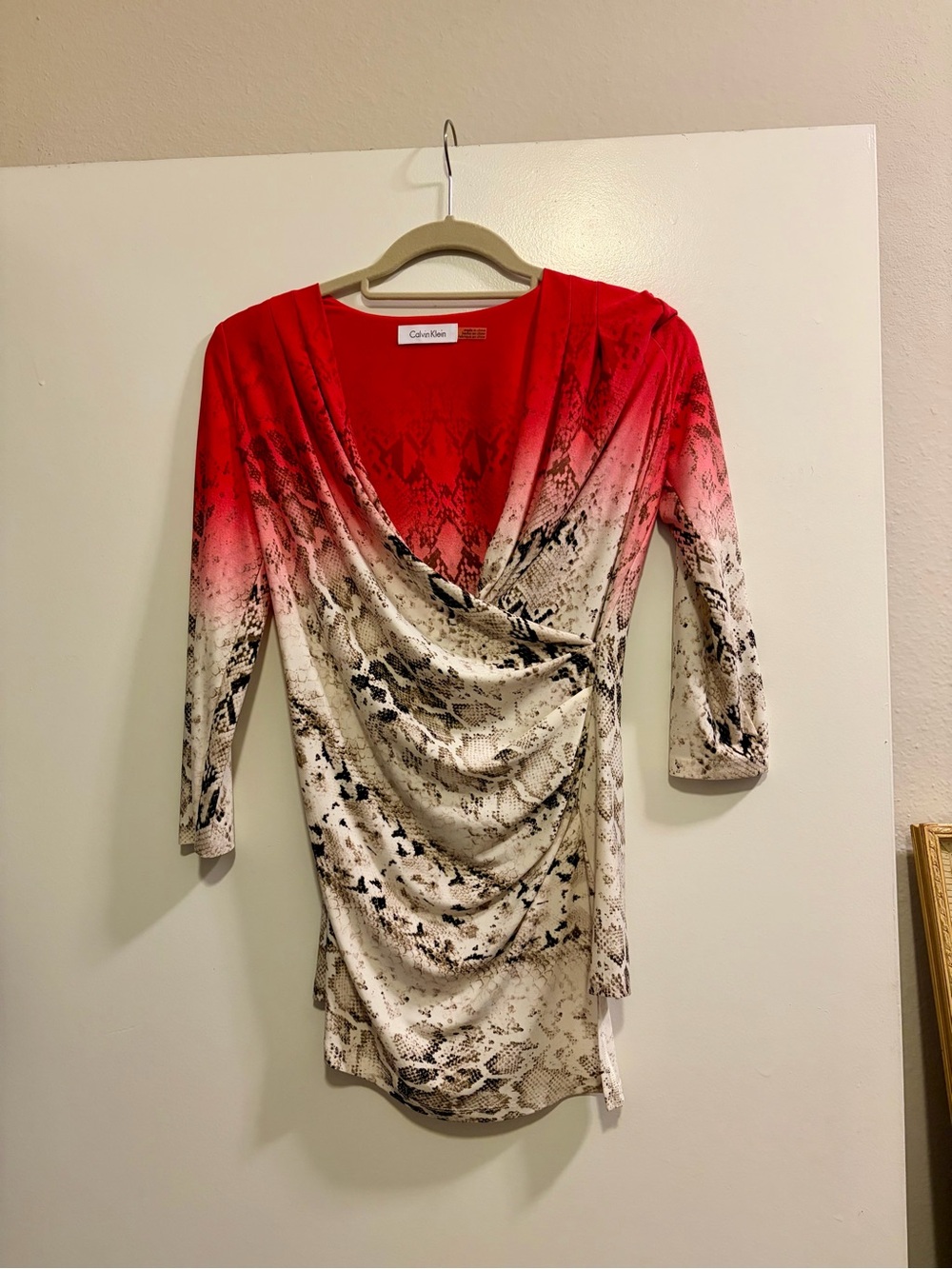 Calvin Klein Red to Cream Snake-Print Draped V-Neck Long Sleeve Shirt